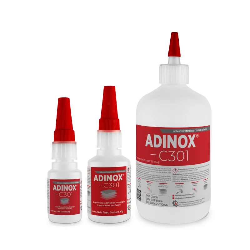 Línea completa del adhesivo instantáneo de etil cianoacrilato ADINOX C301 en presentaciones de 20g, 50g y 1 lb