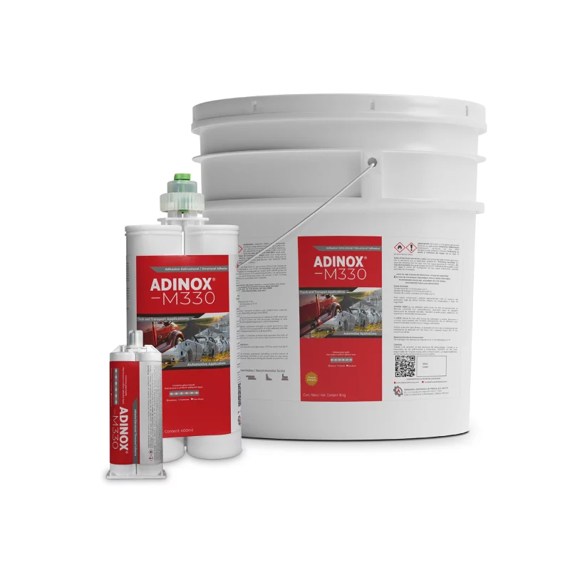 Línea completa del adhesivo estructural de metacrilato ADINOX M330 con microesferas de vidrio, diseñado para metales, en presentaciones de cartucho dual 50 ml, 400 ml y cubeta de 5 galones