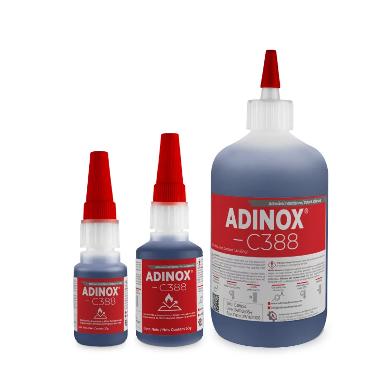 Línea completa del adhesivo instantáneo flexible de etil cianoacrilato ADINOX C388, reforzado con caucho, color negro, en presentaciones de 20g, 50g y 1 lb