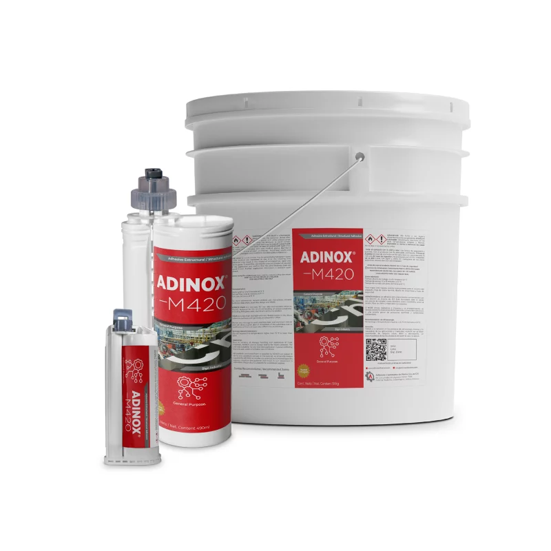 Línea completa del adhesivo estructural de metacrilato ADINOX M420, dos componentes 10:1, color ámbar, resistente a vibración, fatiga e impacto, en presentaciones de cartucho dual 50 ml, 400 ml y cubeta de 5 galones