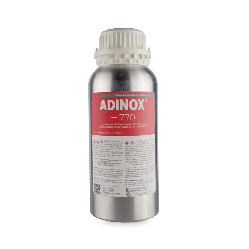 Promotor de adhesión ADINOX 770 de 500 ml a base de heptano para preparar polietileno, polipropileno, PTFE y caucho termoplástico antes de aplicar cianoacrilato