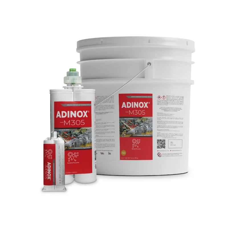 Línea completa del adhesivo estructural de metacrilato ADINOX M305, dos componentes 1:1, en presentaciones de cartucho dual 50 ml, 200 ml, 400 ml y cubeta de 5 galones