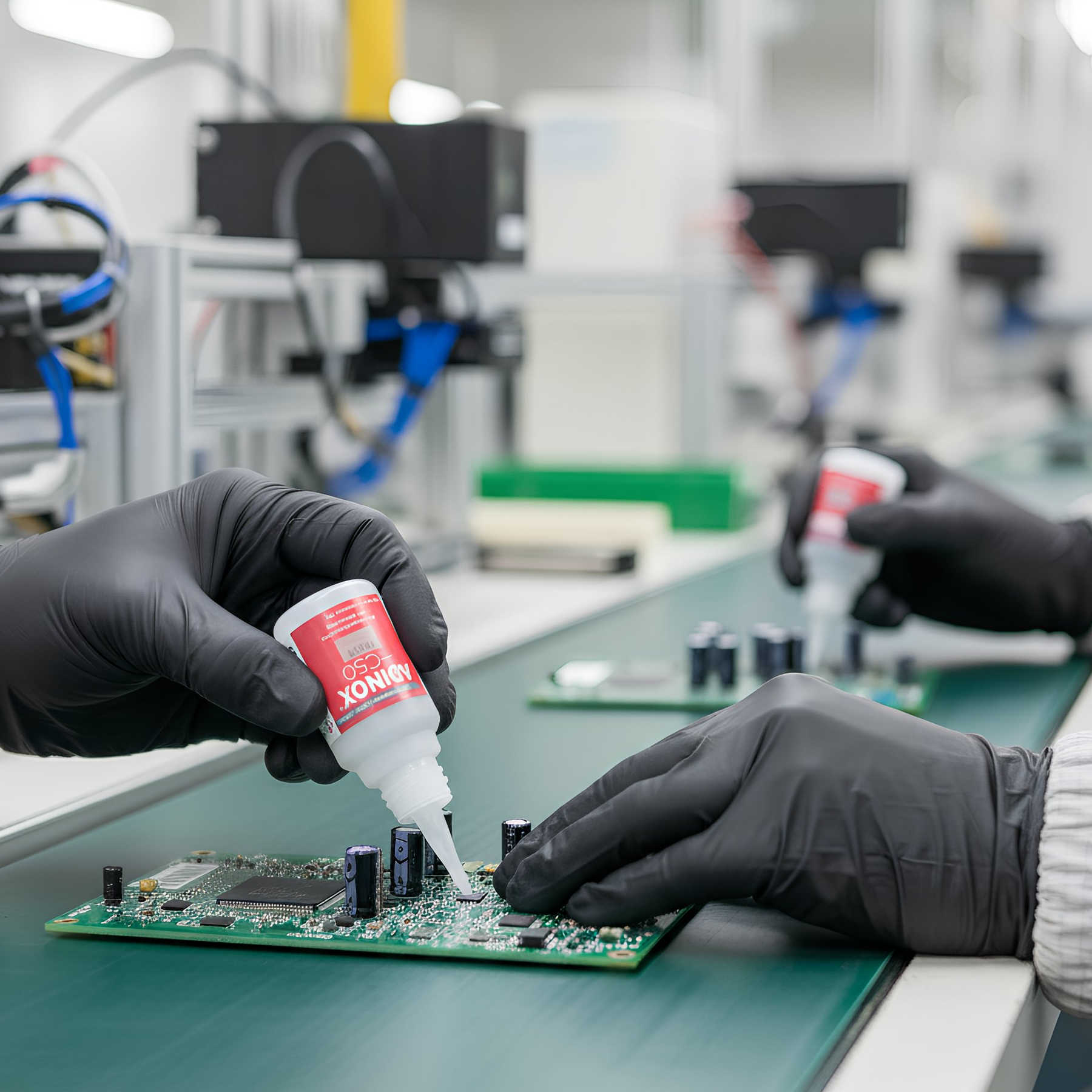 Aplicación de adhesivo de cianoacrilato ADINOX Serie C en pieza industrial