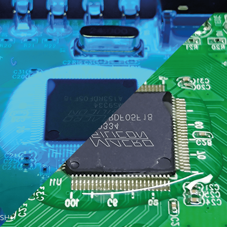 Curado dual (UV y humedad) de conformal coating en áreas de difícil acceso en una PCB